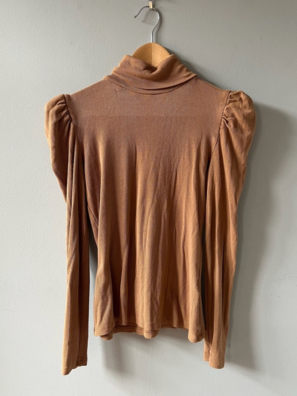 Caramel Brown ribbed Puff Shoulder Turtleneck Top  XS